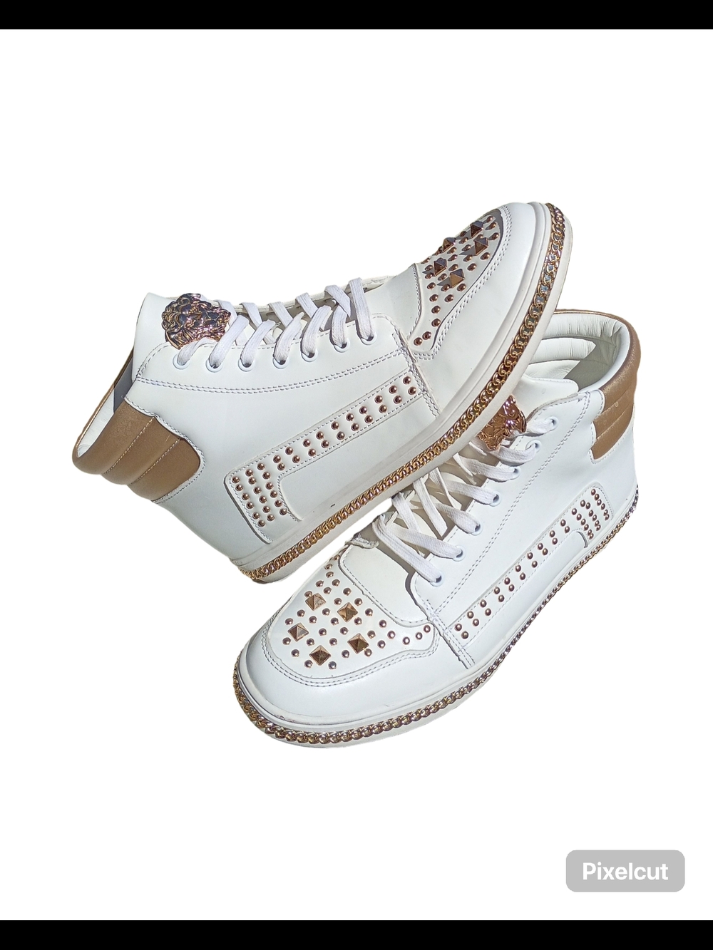 White High-Top Sneakers with Gold Studs and Tan Heel Accent